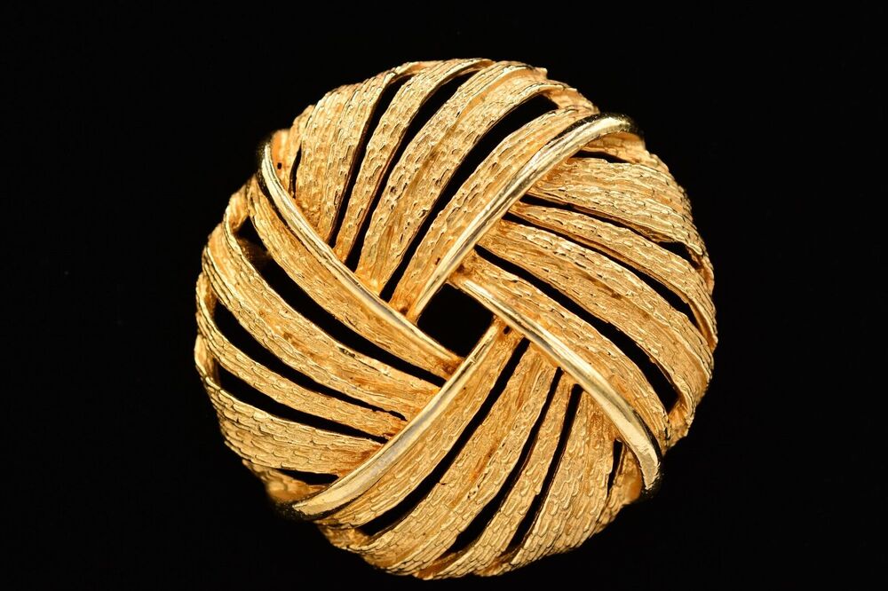 Art Vintage Round Pin Brooch Brushed Textured Gold Signed Chunky 1950s Bin4